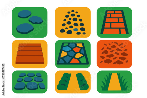 Colorful Garden Paths Icons. Flat vector icons of garden paths: stone stepping, gravel walkway, brick path, wood plank, mosaic
