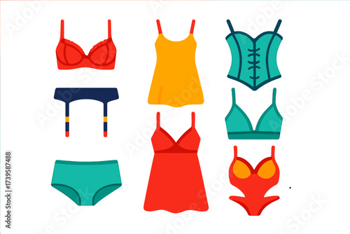 Lingerie Icon Set. Flat vector icons of lingerie: lace bra, silk slip, corset, garter belt, chemise, bralette, boyshorts, bodysuit