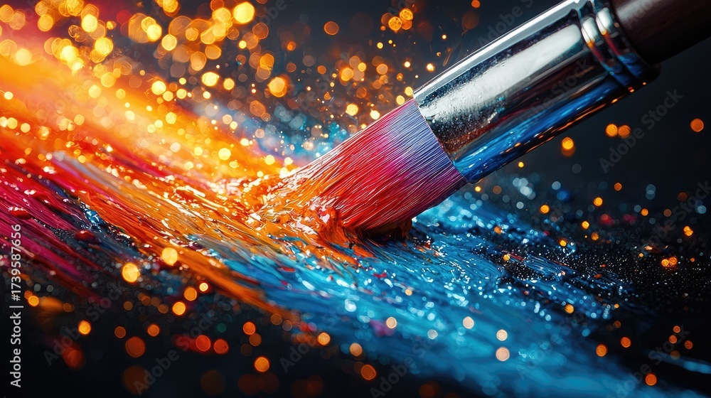 Fototapeta premium Vibrant Colors Pouring from Brush in Pattern of Artistry