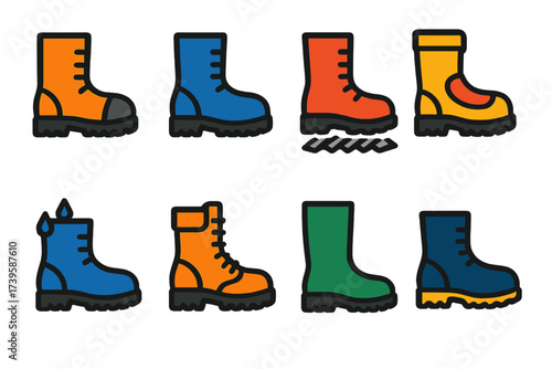 Safety Boot Icons. Flat vector icons of safety and work boots: steel-toe boot, composite-toe boot, puncture-resistant boot,