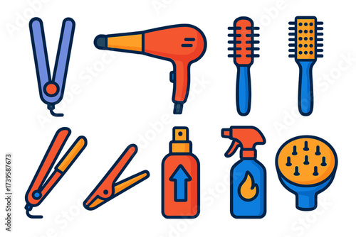 Styling Tools Icons. Flat vector icons of hair styling tools: flat iron, curling wand, hair dryer, round brush, hair straightener,