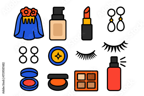 Bright Bridal Makeup Icons. Flat vector icons of bridal makeup: veil hairpin, liquid foundation bottle, rose lipstick, pearl