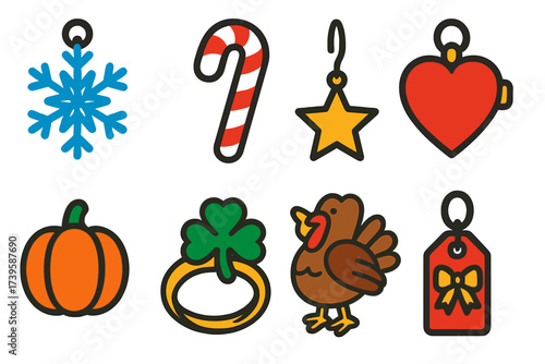 Seasonal Jewelry Icons. Flat vector icons of holiday and seasonal jewelry: snowflake pendant, candy cane charm, heart locket, star