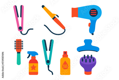Styling Tools Icons. Flat vector icons of hair styling tools: flat iron, curling wand, hair dryer, round brush, hair straightener,