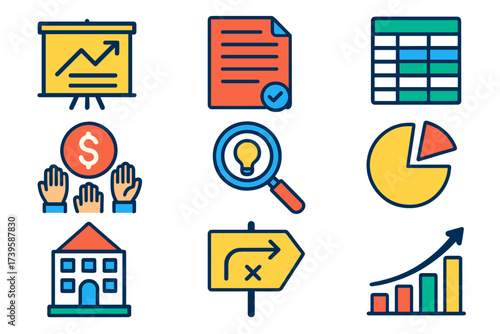 Venture Capital Icons. Flat vector icons of venture capital: pitch deck, term sheet, cap table; funding round, due diligence,