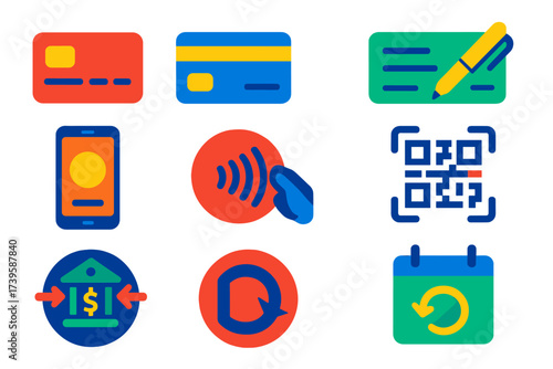 Modern Payment Icons. Flat vector icons of payment methods: debit card, credit card, cheque book; mobile wallet, contactless tap,