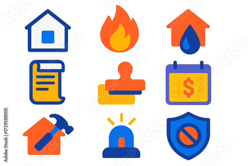 Flat Home Insurance Icons. Flat vector icons of home insurance: house outline, fire flame, water leak; policy scroll, claim stamp,
