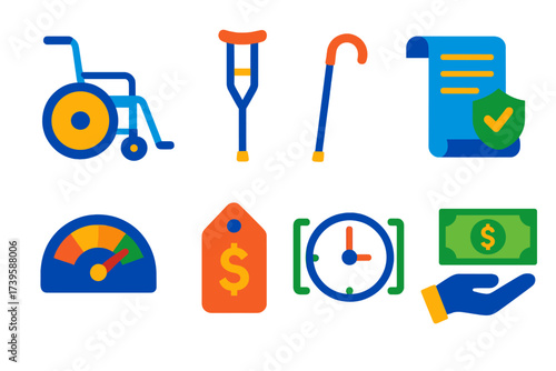 Disability Insurance Icons. Flat vector icons of disability insurance: wheelchair, crutch, cane; policy scroll, benefit meter,
