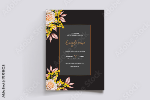 WEDDING INVITATION FRAME WITH FLOWER DECORATIONS AND FRESH LEAVES