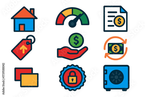 Home Loan Icons. Flat vector icons of home equity loans: home silhouette, equity meter, loan document; appraisal tag, cash
