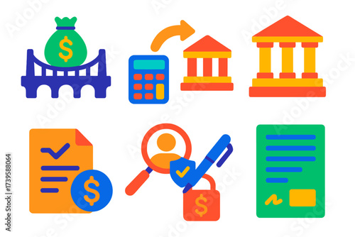 Financial Loan Icons. Flat vector icons of bridge-to-perm loans: bridge funding, permanent loan, conversion arrow; interest