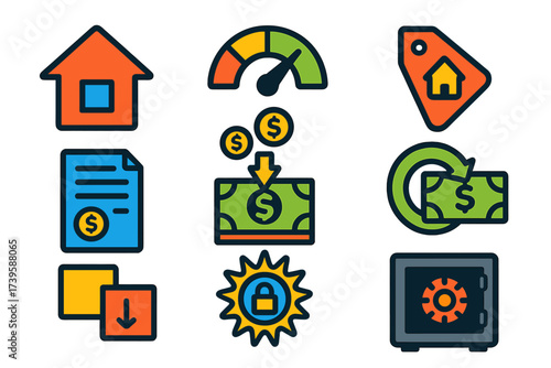 Home Loan Icons. Flat vector icons of home equity loans: home silhouette, equity meter, loan document; appraisal tag, cash