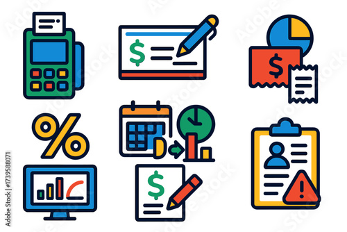 Merchant Cash Advance Icons. Flat vector icons of merchant cash advances: POS terminal, advance check, sales receipt; holdback