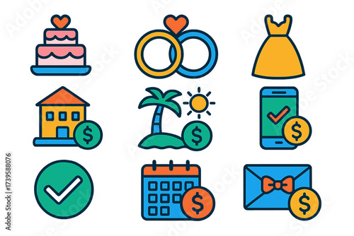 Wedding Loan Icons. Flat vector icons of wedding loans: wedding cake, rings, bridal dress; venue deposit, honeymoon fund, loan app