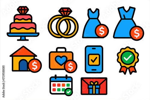 Wedding Loan Icons. Flat vector icons of wedding loans: wedding cake, rings, bridal dress; venue deposit, honeymoon fund, loan app