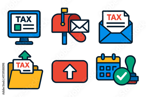 Tax Filing Icons. Flat vector icons of tax filing: online portal, mailbox, envelope; file folder, upload arrow, submit button;