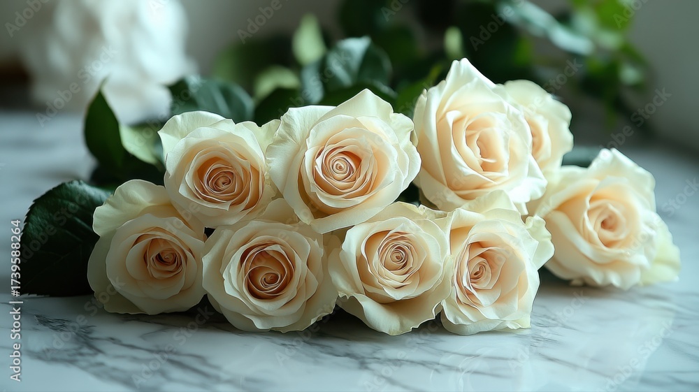 Obraz premium Elegant Bouquet of Creamy White Roses on Marble Table bouquet elegant marble table white roses love
