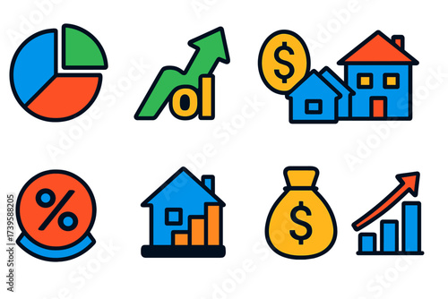 Real Estate Icons. Flat vector icons of real estate investment: pie chart, ROI arrow, dollar sign; rental income, cap rate badge,
