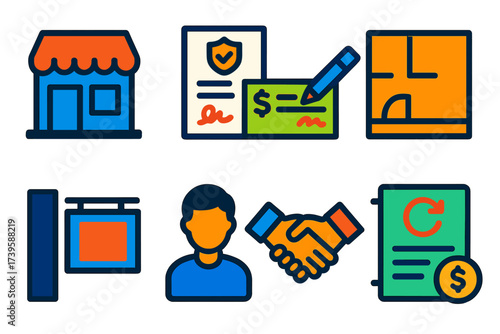 Commercial Leasing Icons. Flat vector icons of commercial leasing: storefront, lease contract, rent check; space plan, signage