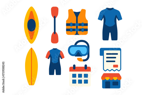 Vacation Gear Icons. Flat vector icons of vacation gear rentals: kayak, paddle, life jacket; surfboard, wetsuit, snorkel mask;