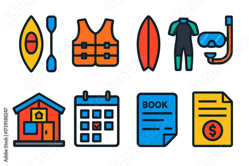 Vacation Gear Icons. Flat vector icons of vacation gear rentals: kayak, paddle, life jacket; surfboard, wetsuit, snorkel mask;