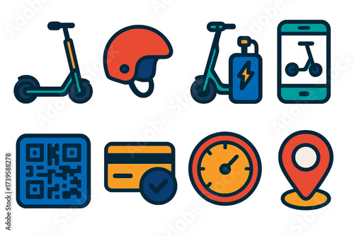 Sleek Scooter Icons. Flat vector icons of scooter rentals: electric scooter, helmet, charging dock; rental app, QR code, payment