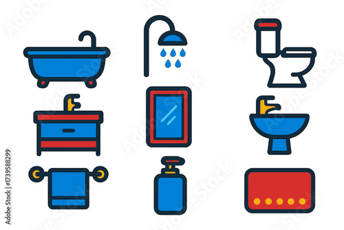 Modern Bathroom Icons. Flat vector icons of bathroom interiors: bathtub, showerhead, toilet; vanity, mirror, sink; towel rack,