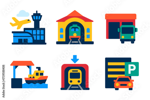 Transportation Hub Icons. Flat vector icons of transportation hubs: airport terminal, train station, bus depot; ferry dock, subway