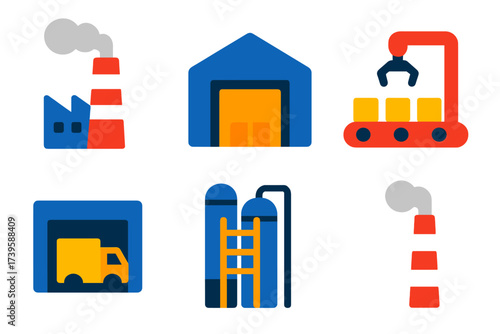 Industrial Icon Set. Flat vector icons of industrial architecture: factory chimney, warehouse roof, assembly line; loading dock,