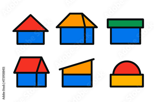 Minimalist Roof Icons. Flat vector icons of roof types: gable roof, hip roof, flat roof; mansard roof, shed roof, dome roof No
