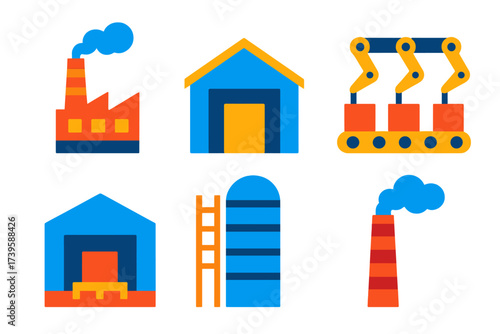 Industrial Icon Set. Flat vector icons of industrial architecture: factory chimney, warehouse roof, assembly line; loading dock,