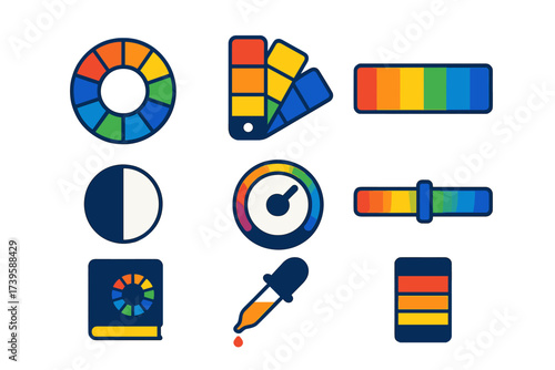 Color Theory Icons. Flat vector icons of color theory: color wheel, swatch trio, gradient bar; contrast scale, saturation dial,