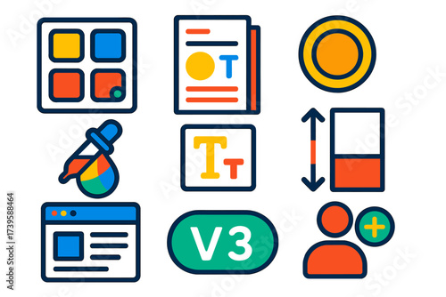 Flat Design System Icons. Flat vector icons of design systems: component library, style guide, token set; color variable, type