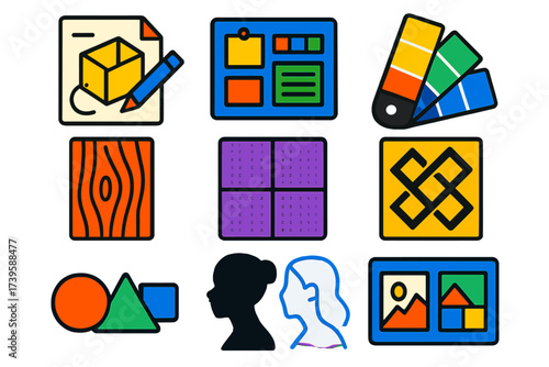 Modern Flat Design Icons. Flat vector icons of style exploration: concept sketch, mood board, color swatch; material sample,