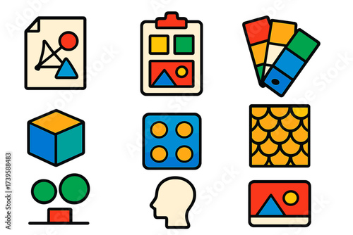 Modern Flat Design Icons. Flat vector icons of style exploration: concept sketch, mood board, color swatch; material sample,
