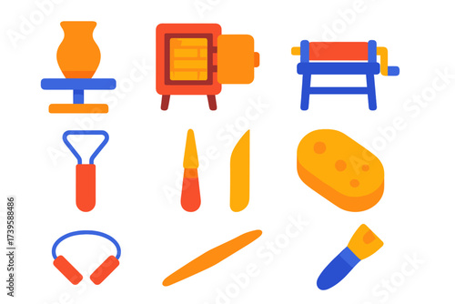 Ceramic Art Tools. Flat vector icons of ceramic art tools: pottery wheel, kiln, clay slab roller, ribbon tool, needle tool, sponge