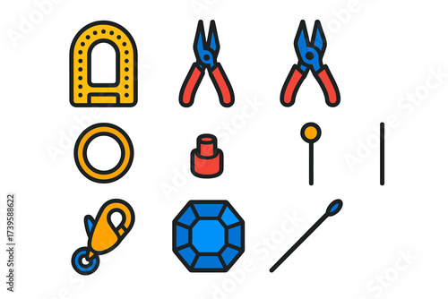 Jewelry Making Icons. Flat vector icons of jewelry making gear: bead board, pliers, wire cutter, jump ring, crimp bead, headpin,