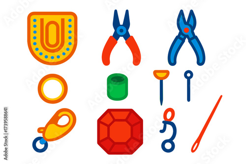 Jewelry Making Icons. Flat vector icons of jewelry making gear: bead board, pliers, wire cutter, jump ring, crimp bead, headpin,