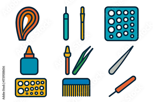 Quilling Tools Icons. Flat vector icons of quilling supplies: quilling strip, slotted tool, quilling board, E-tool, glue brush,