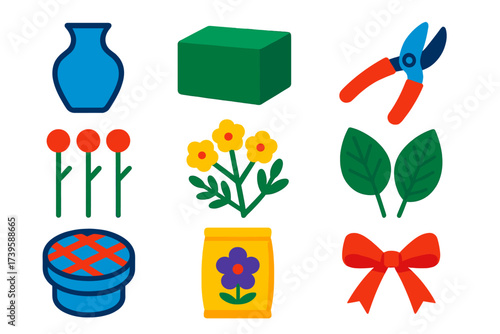 Flower Arranging Icons. Flat vector icons of flower arranging gear: vase, floral foam, pruning shears, stems, filler flowers,