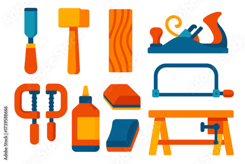 Woodworking Tools Icons. Flat vector icons of woodworking projects: chisel, mallet, wood plank, hand plane, clamps, wood glue,