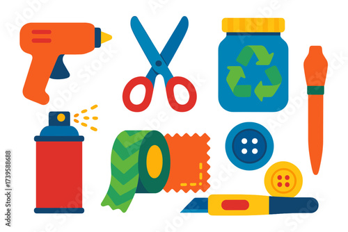 Crafting Tools Icons. Flat vector icons of crafting & upcycling: glue gun, scissors, paint brush, repurposed jar, spray paint,