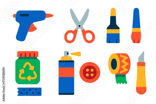Crafting Tools Icons. Flat vector icons of crafting & upcycling: glue gun, scissors, paint brush, repurposed jar, spray paint,