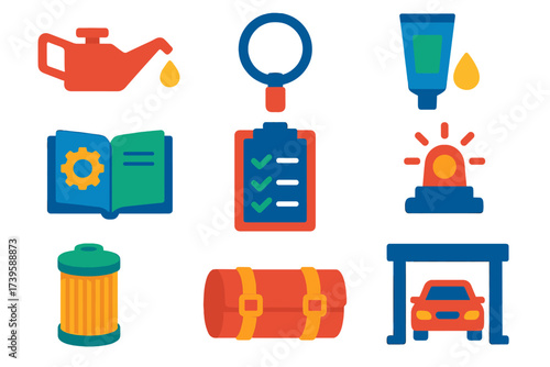 Service Maintenance Icons. Flat vector icons of service and maintenance: oil can, filter wrench, lubrication grease, service