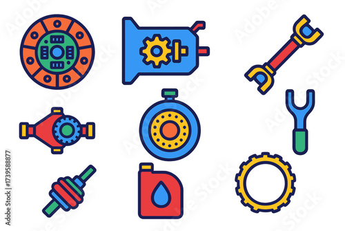 Transmission Parts Icons. Flat vector icons of transmission parts: clutch disc, gearbox, driveshaft, differential, torque