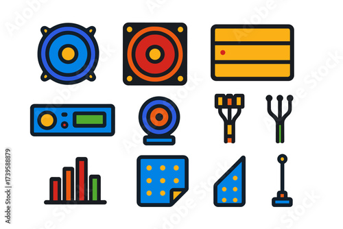 Car Audio Icons. Flat vector icons of car audio: speaker, subwoofer, amplifier, head unit, tweeter, wiring harness, equalizer,
