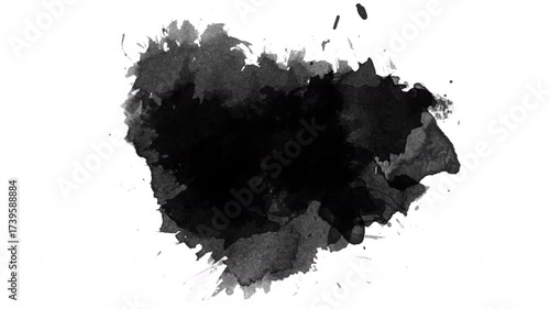 Black watercolor blot on white background suitable for graphic design projects, posters, cards, invitations, social media graphics, and artistic presentations.