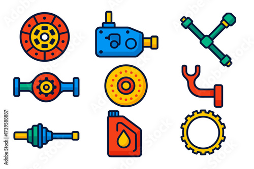 Transmission Parts Icons. Flat vector icons of transmission parts: clutch disc, gearbox, driveshaft, differential, torque