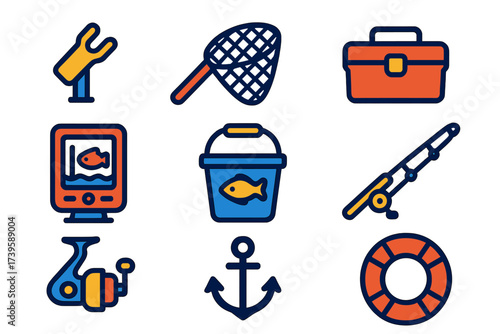 Colorful Fishing Gear Icons. Flat vector icons of fishing boat gear: fishing rod holder, net, tackle box, fishfinder, bait bucket,