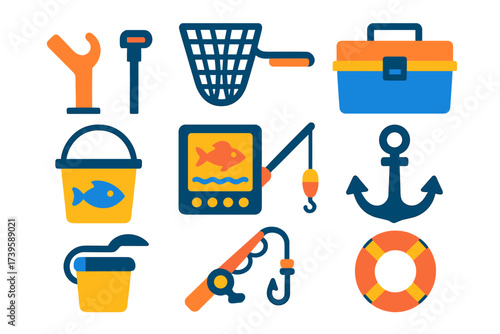Colorful Fishing Gear Icons. Flat vector icons of fishing boat gear: fishing rod holder, net, tackle box, fishfinder, bait bucket,